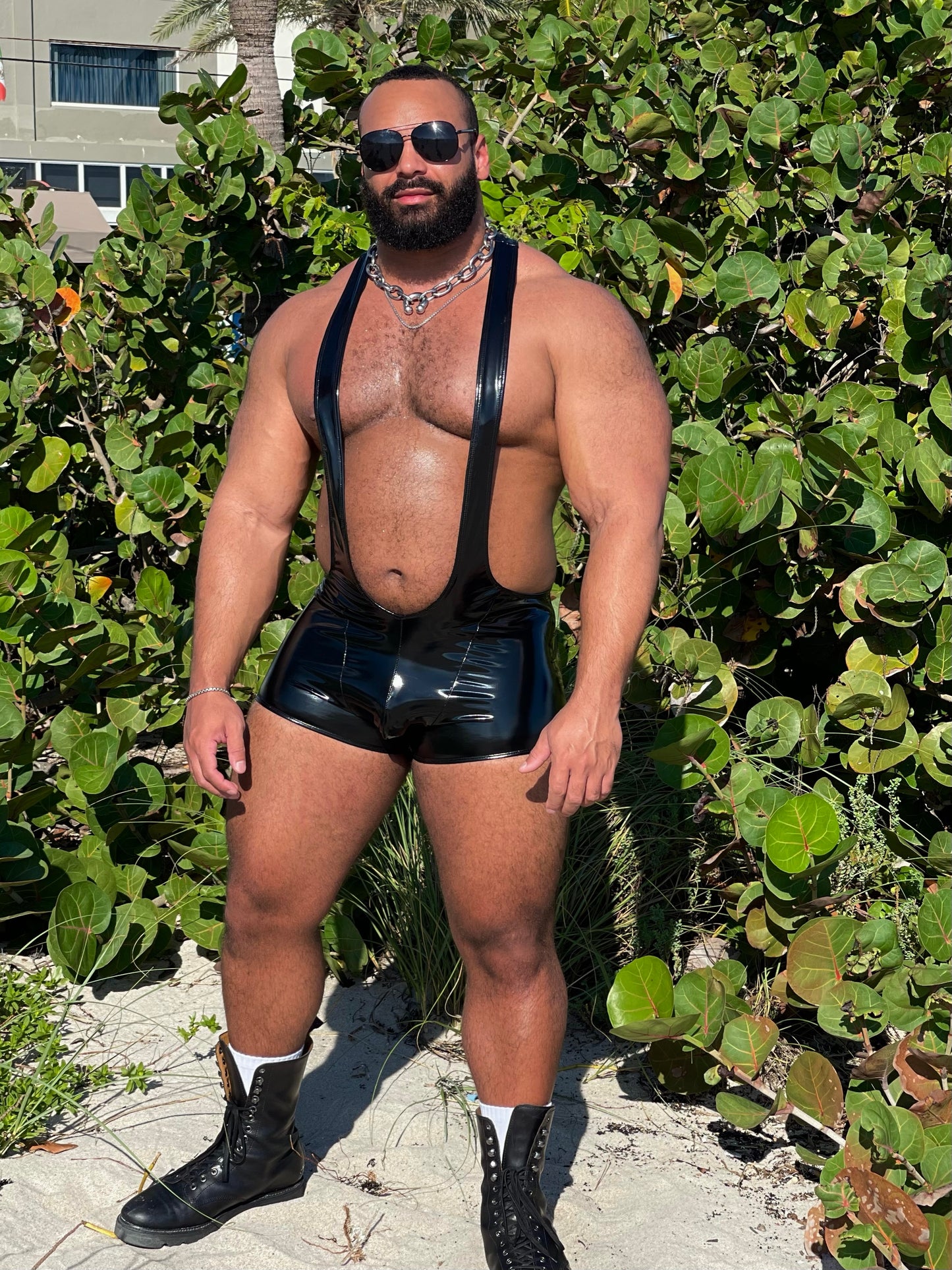 Black Shiny Jock Singlet (White Stripes)