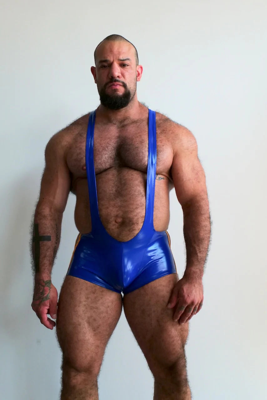 Royal Blue Shiny Jock Singlet (Yellow Stripes)